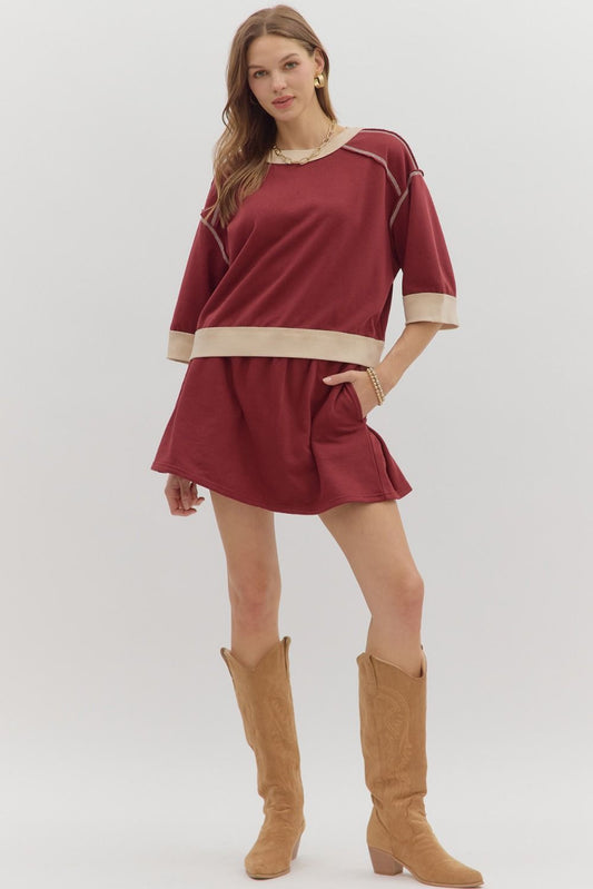 Burgundy half sleeve & pleat skirt Set
