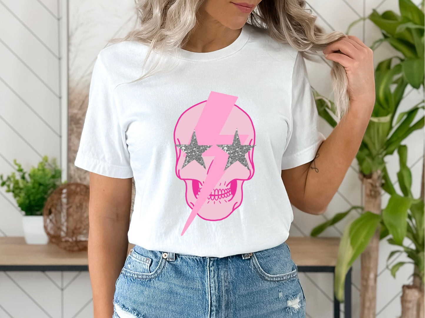 Pink Skull Glitter Graphic T/S